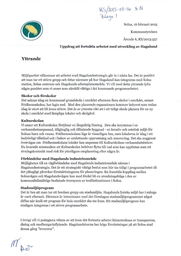2015-02-16-Yttrande-från-MP-rörande-om-beslut-om-att-fortsätta-arbetet-med-utveckling-av-Hagalund-utifrån-Utvecklingsstrategin-för-Hagalund